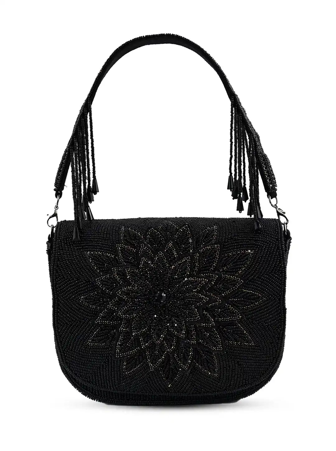 Eva Black Flap Over Bag from The Tan Clan, stylish flap bag with sleek black leather and gold-tone hardware, front flap closure.
