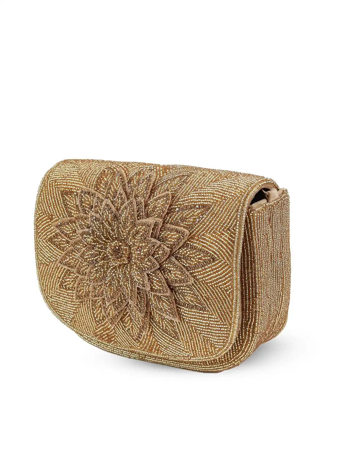 Eva Gold Flap Over Bag by The Tan Clan, stylish flap bag with gold accents and adjustable strap, showcasing a sleek design.