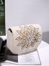 Eva White Flap Over Bag by The Tan Clan, stylish flap bag with white faux leather exterior and elegant design.