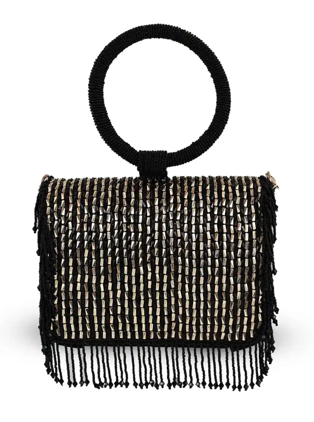 Black Sylvie flap-over bag by The Tan Clan featuring a sleek design with a flap closure and top handle.