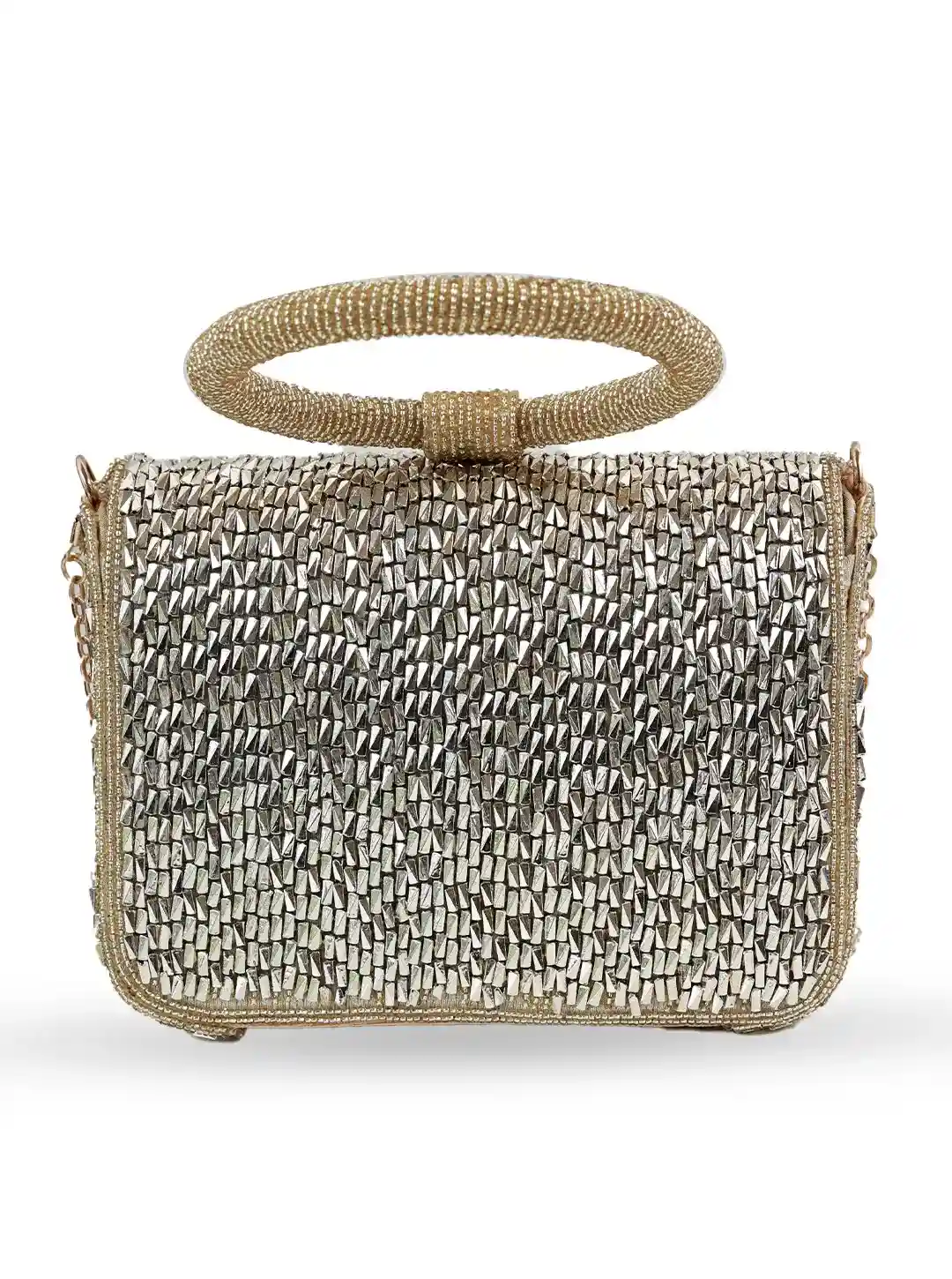 Gold flap-over bag from The Tan Clan's Sylvie Flap Bags collection, featuring a stylish design with a prominent flap closure.