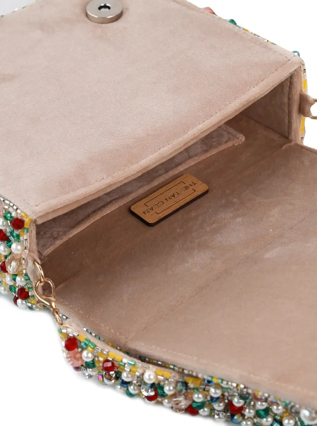 Tan The Tan Clan Tyra Flap Over Bag with leather strap and gold hardware, stylish flap closure, and spacious interior.
