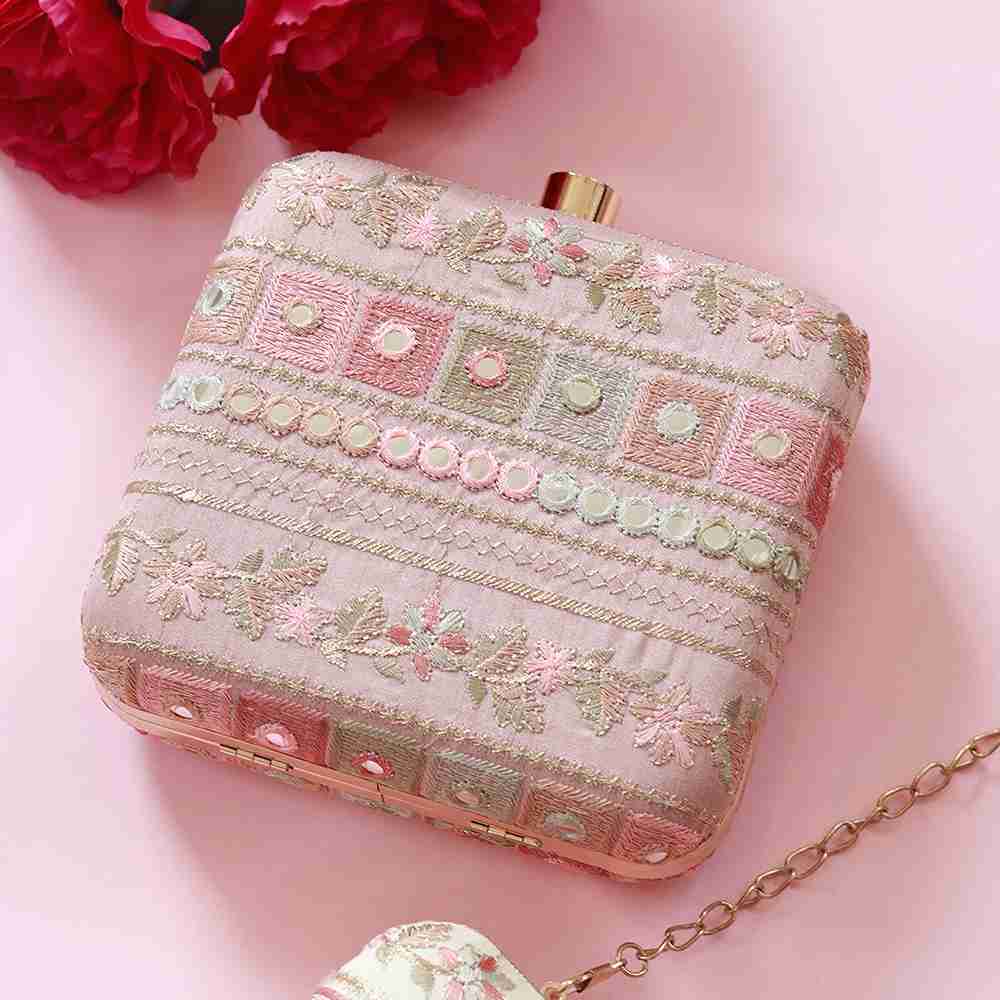Green Phulwaari Floral Box Clutch by The Tan Clan featuring intricate floral embroidery and a sleek, compact design.