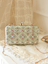 Light green Ariba Box Clutch by The Tan Clan with sleek, structured design and compact size, perfect for elegant occasions.