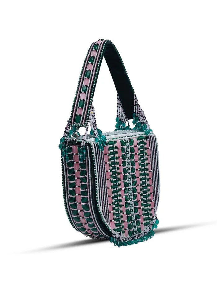 Pink Asma Green Flap Over Bag with Handle from The Tan Clan, featuring a stylish design and a comfortable top handle.
