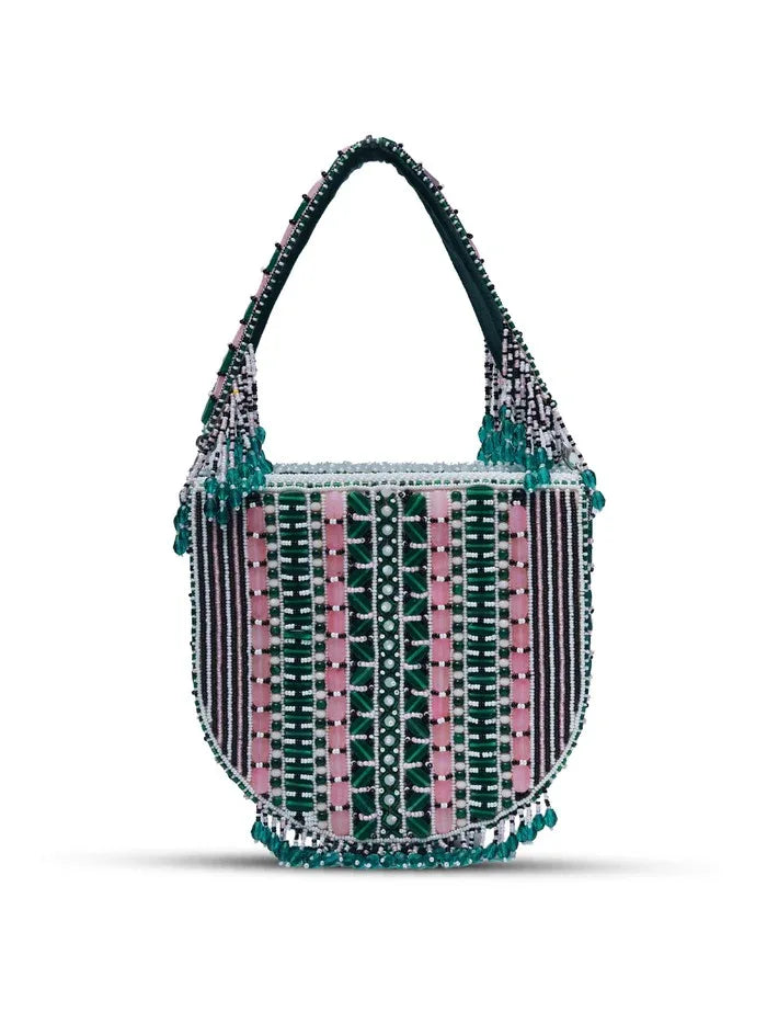 Pink Asma Green Flap Over Bag with Handle by The Tan Clan, featuring a stylish design and top handle for versatile carry.