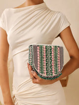 Pink Asma Green Flap Over Bag with Handle from The Tan Clan, showing its stylish design and top handle on a plain background.