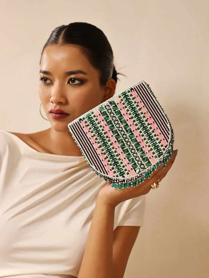 Pink Asma Green Flap Over Bag with Handle by The Tan Clan, featuring a stylish flap closure and top handle for versatile carry.