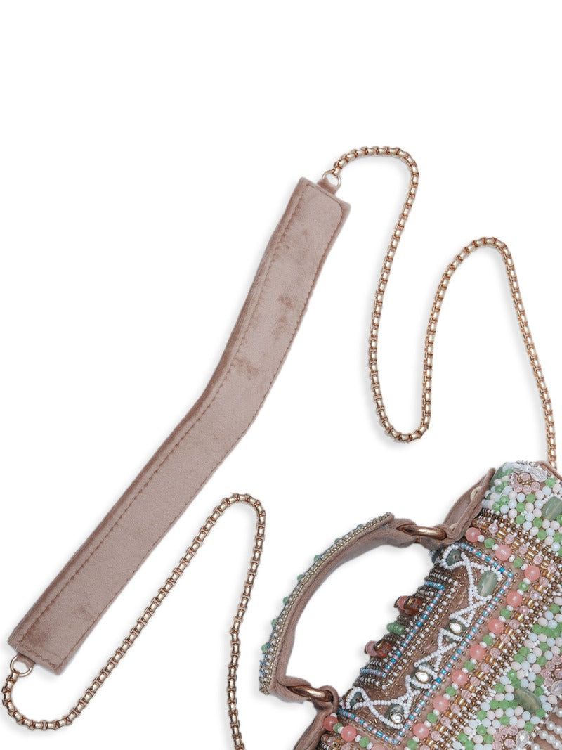 Beige Kiara flap-over bag with handle from The Tan Clan, featuring a stylish design and spacious interior.