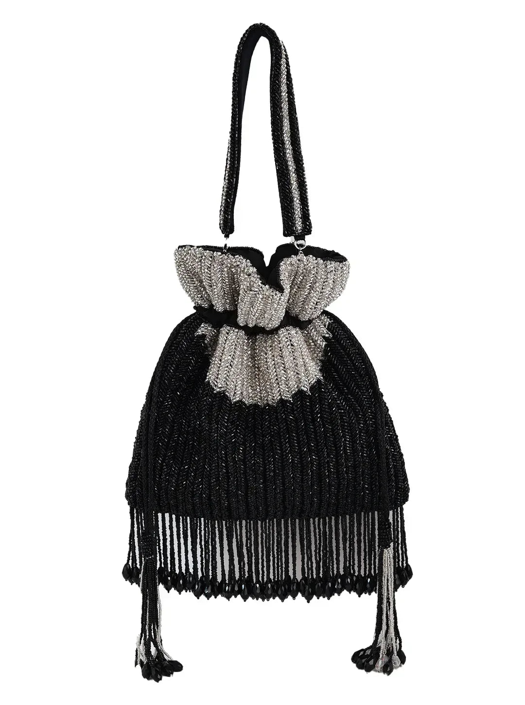 Aarna Black Potli Bag by The Tan Clan featuring traditional embroidery and a drawstring closure, perfect for elegant occasions.