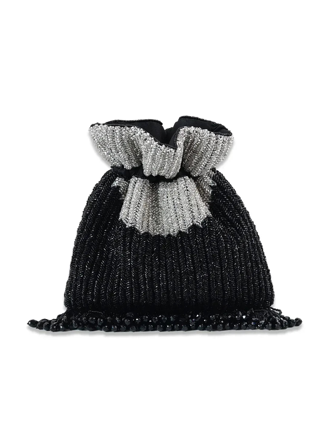 Aarna black potli bag from The Tan Clan featuring traditional drawstring closure and decorative embellishments.