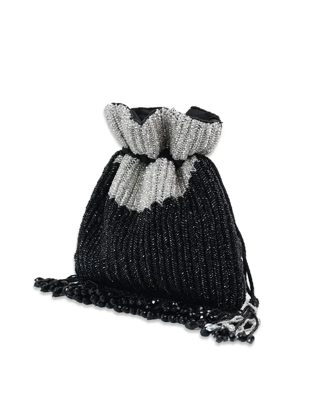 Aarna black potli bag from The Tan Clan featuring traditional drawstring closure and intricate detailing.