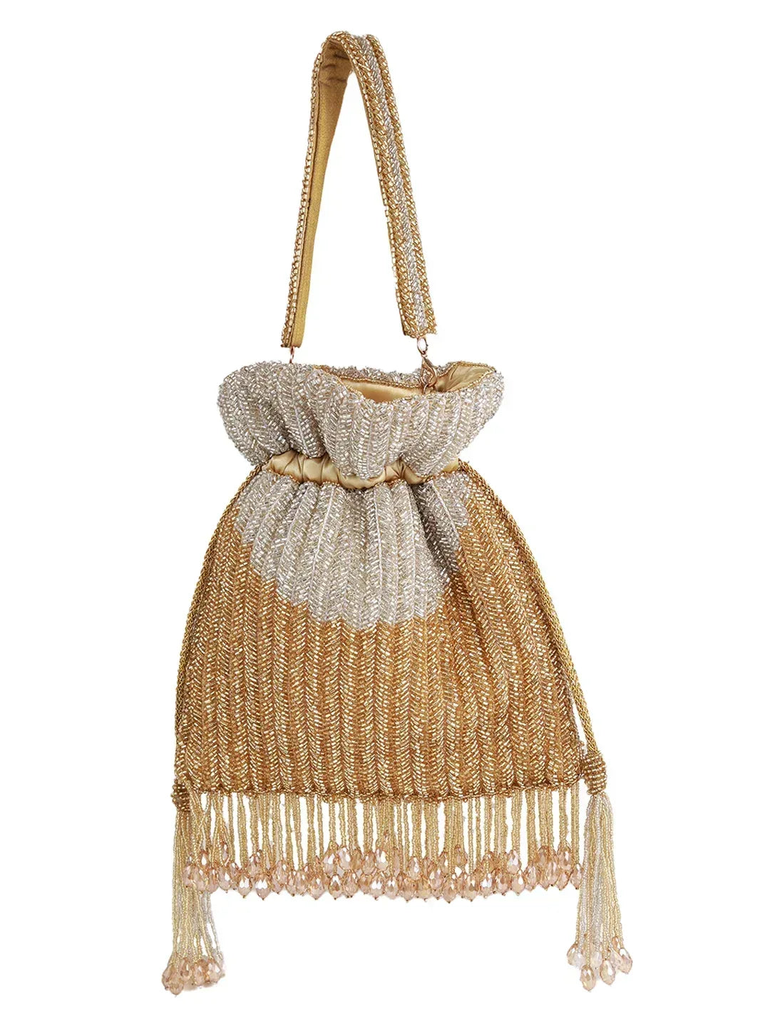 Aarna Gold Potli Bag from The Tan Clan, traditional Indian potli bag with intricate gold embroidery and drawstring closure.