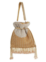 Aarna Gold Potli Bag from The Tan Clan, traditional Indian potli bag with intricate gold embroidery and drawstring closure.