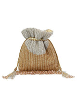 Aarna Gold Potli Bag from The Tan Clan with intricate embroidery and traditional drawstring closure, perfect for festive occasions.
