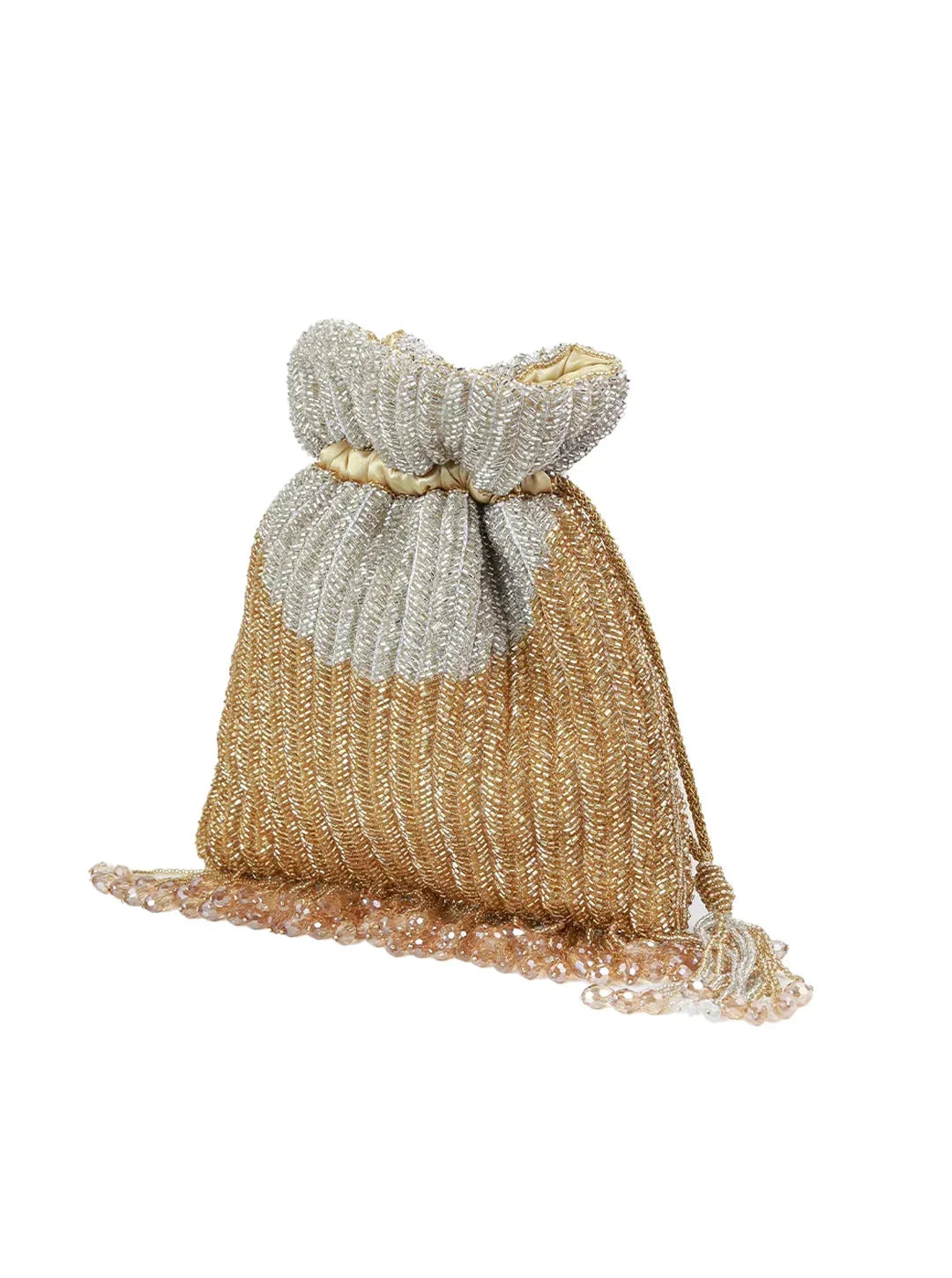Aarna Gold Potli Bag from The Tan Clan, traditional designer potli bag with intricate gold embellishments and drawstring closure.