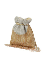 Aarna Gold Potli Bag from The Tan Clan, traditional designer potli bag with intricate gold embellishments and drawstring closure.
