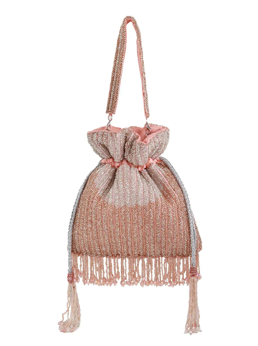 Pink Aarna Potli Bag by The Tan Clan featuring traditional embroidery and a drawstring closure.