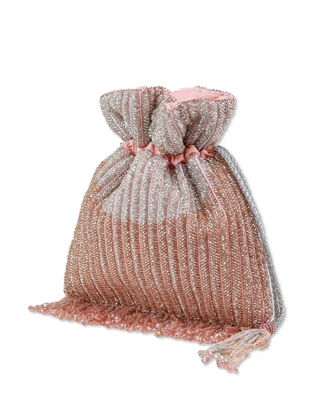 Aarna pink potli bag from The Tan Clan featuring traditional drawstring closure and decorative embellishments.