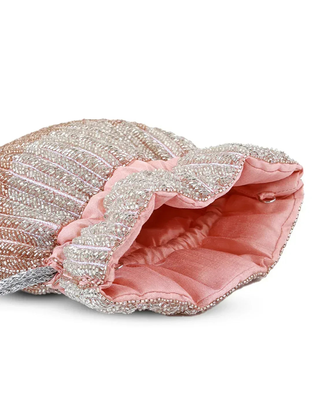 Pink Aarna Potli Bag by The Tan Clan with intricate embroidery and traditional drawstring closure.
