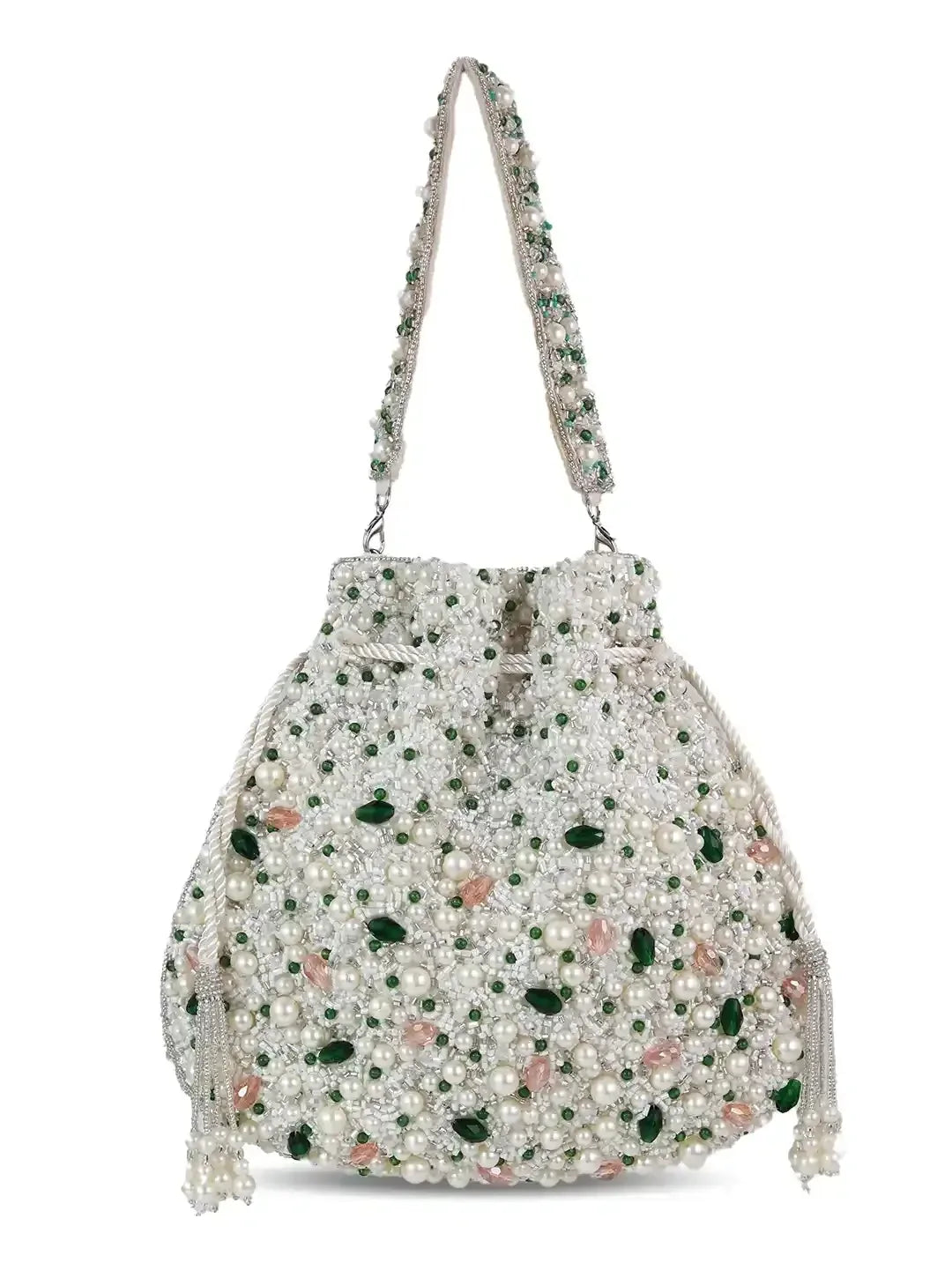 Ayra Pearl Potli Bag from The Tan Clan featuring intricate pearl embroidery and traditional drawstring closure.