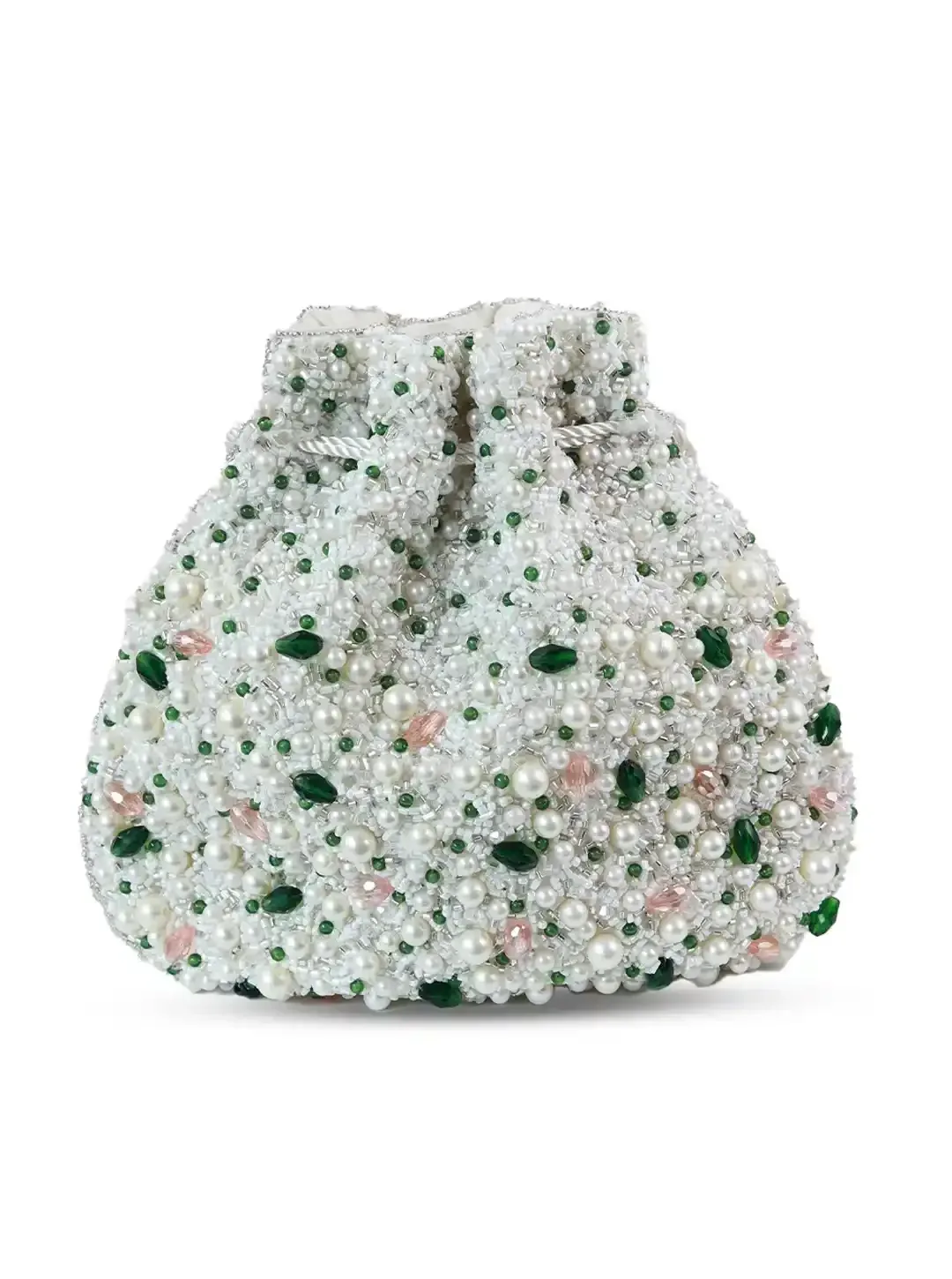 Ayra Pearl Potli Bag by The Tan Clan featuring intricate pearl embroidery and traditional drawstring closure.