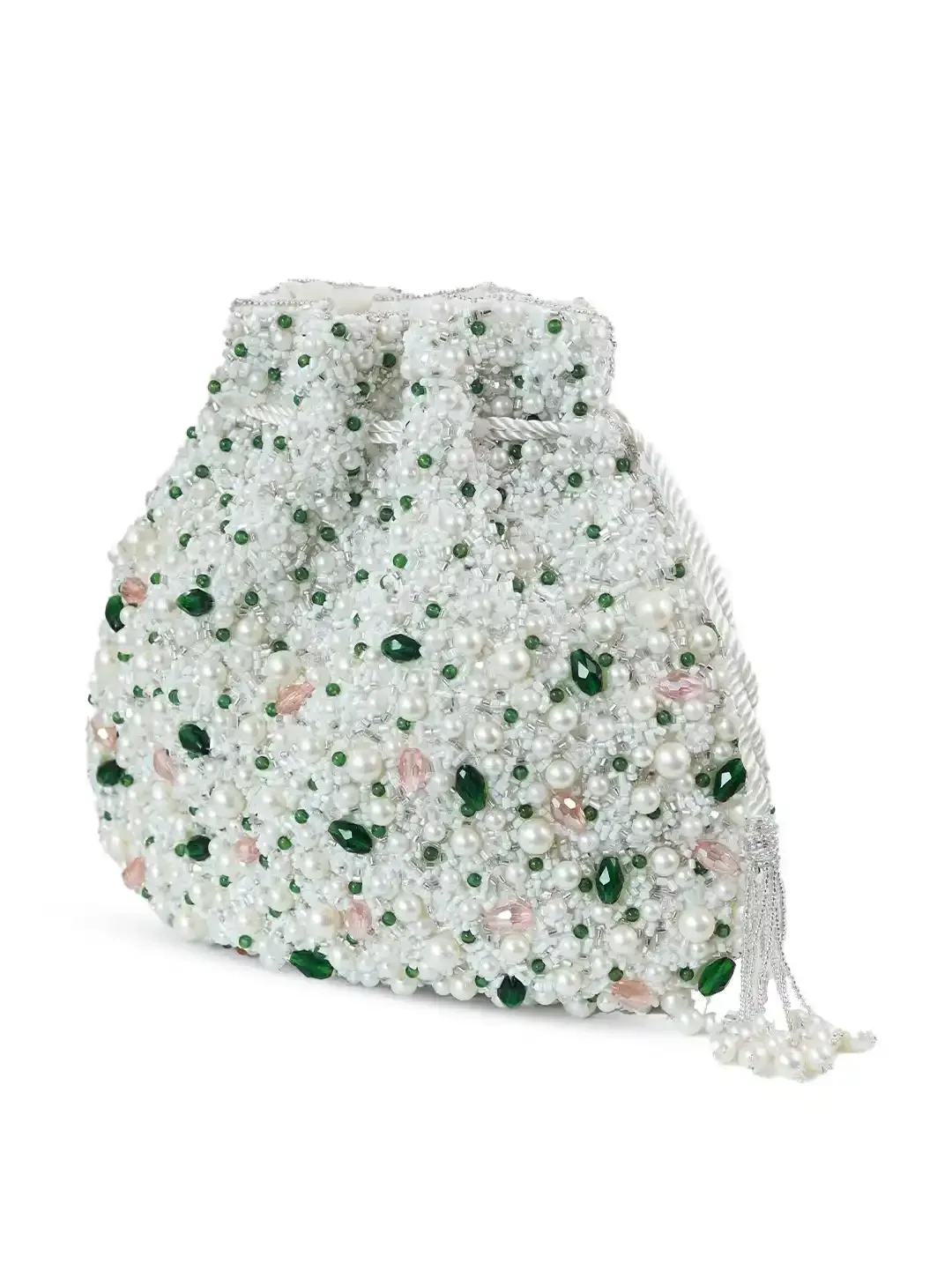 Ayra Pearl Potli Bag by The Tan Clan featuring intricate pearl embroidery and traditional drawstring closure.