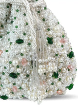 Ayra Pearl Potli Bag by The Tan Clan featuring intricate pearl embroidery and traditional drawstring closure.