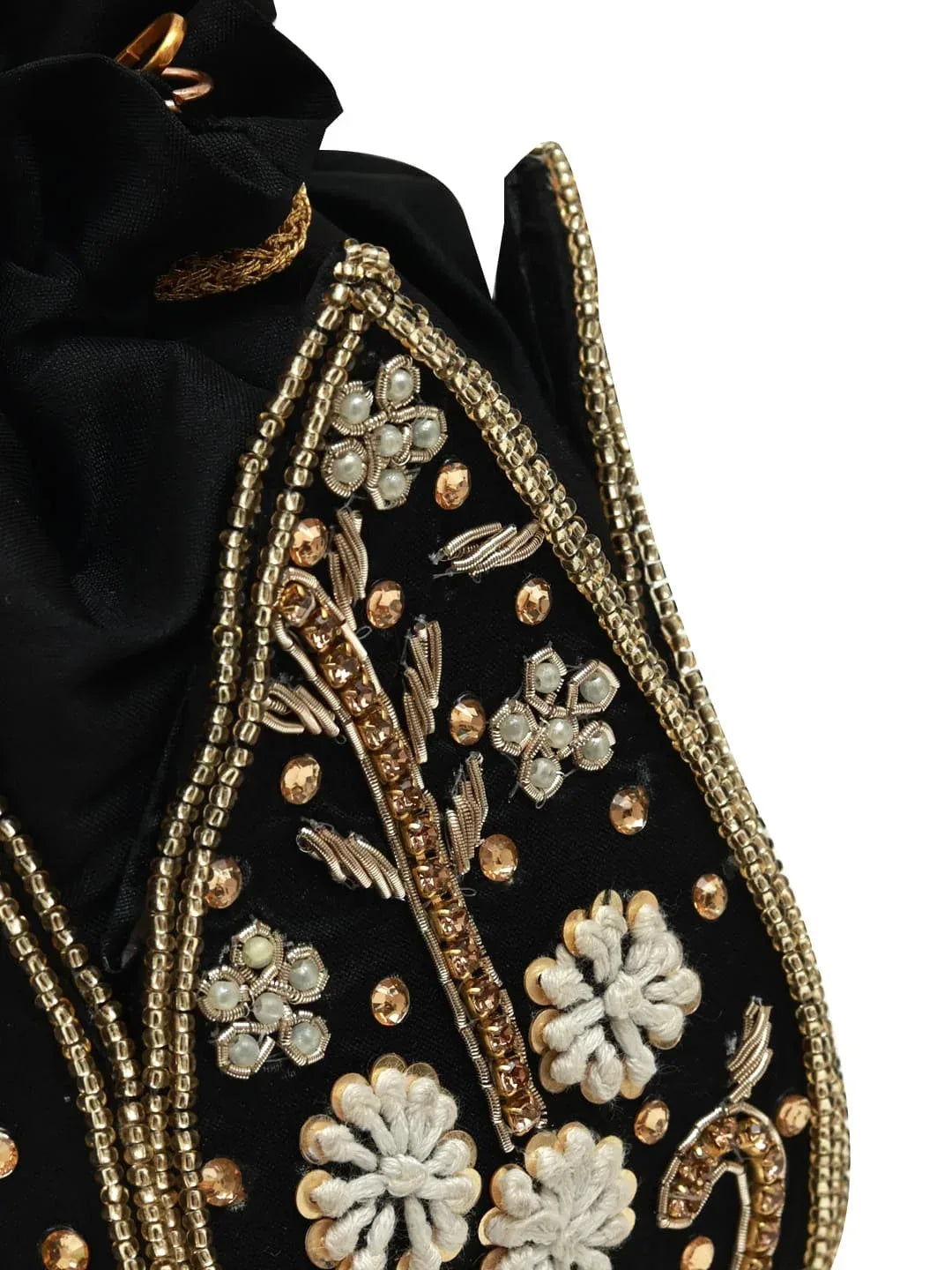 Black Lotus Potli bag by The Tan Clan, traditional Indian potli purse with intricate design, perfect for festive occasions.