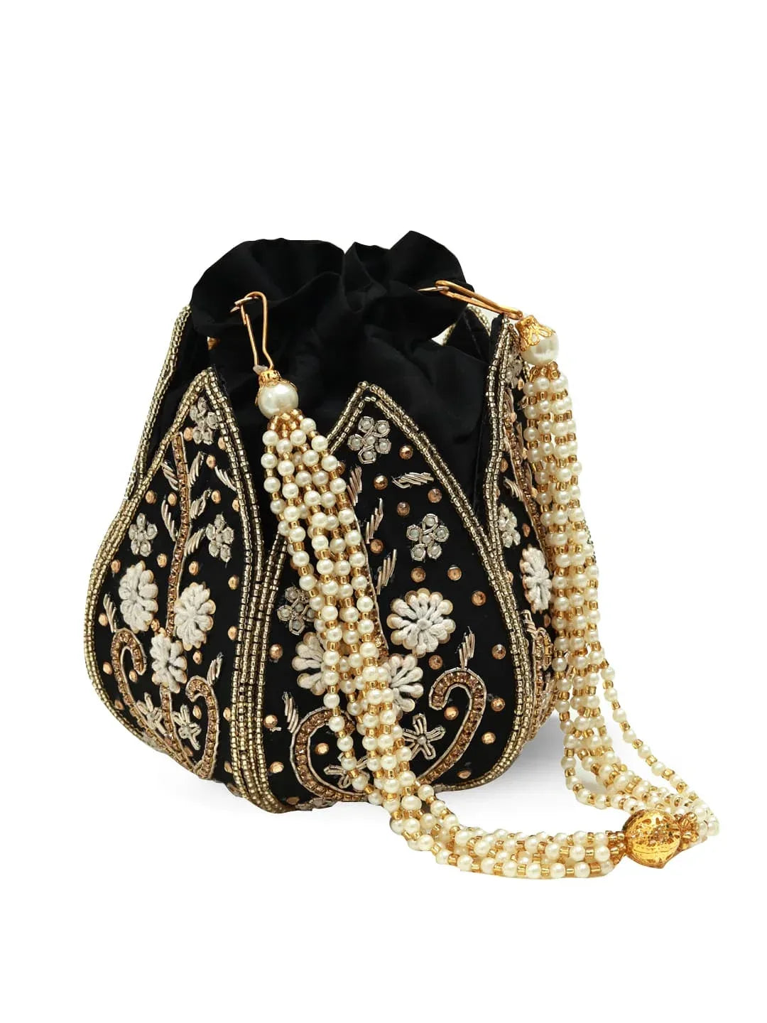 Black Lotus Potli bag by The Tan Clan featuring intricate design and traditional jewelry-style closure.