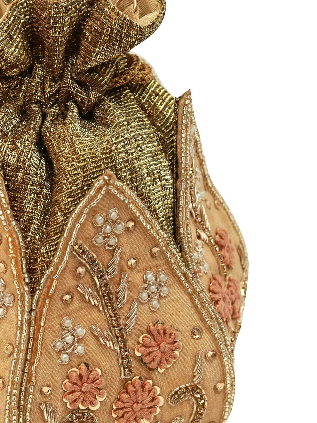 Gold Lotus Potli bag by The Tan Clan, intricately designed traditional Indian Potli Bag with floral motifs and drawstring closure.