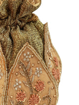 Gold Lotus Potli bag by The Tan Clan, intricately designed traditional Indian Potli Bag with floral motifs and drawstring closure.