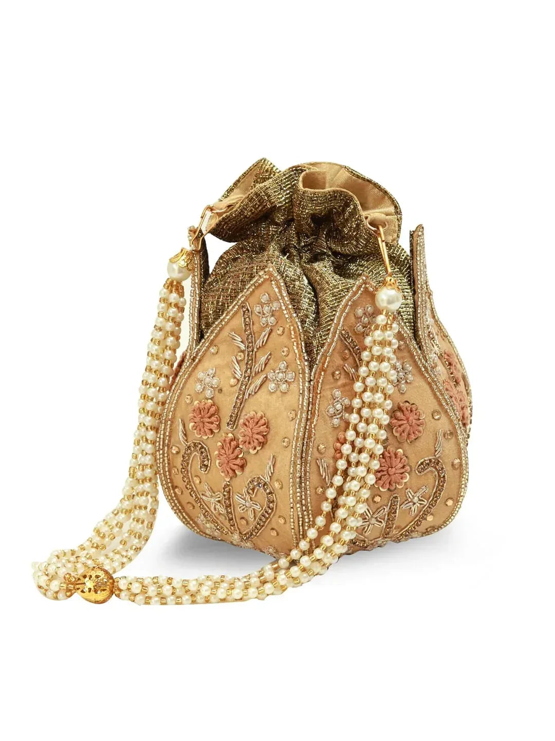 Gold Lotus Potli bag by The Tan Clan featuring intricate embroidery and traditional design, perfect for elegant occasions.