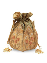 Gold Lotus Potli bag by The Tan Clan with intricate detailing, perfect for traditional and festive occasions.