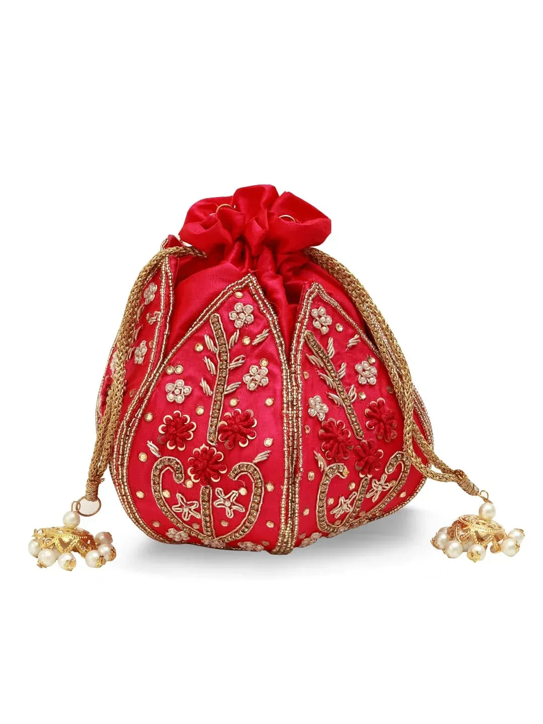 Hot pink Lotus Potli bag by The Tan Clan featuring intricate embroidery and traditional Indian design.