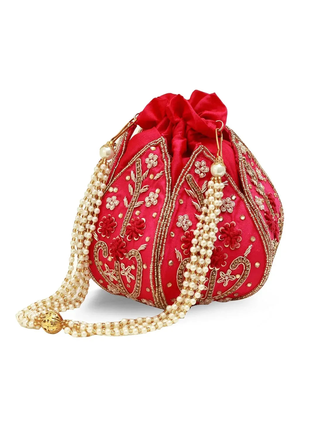 Hot pink Lotus Potli bag from The Tan Clan, elegant traditional clutch with intricate design and tassel detail.