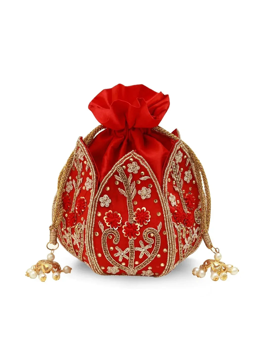 Red lotus design Baag Potli bag by The Tan Clan with intricate embroidery and traditional charm.
