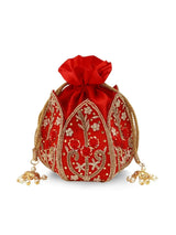 Red lotus design Baag Potli bag by The Tan Clan with intricate embroidery and traditional charm.