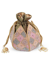 Juhi Lotus Potli bag by The Tan Clan featuring a lotus design and pearl handle, elegant traditional Indian accessory.