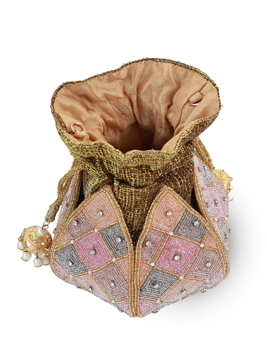 Juhi Lotus Potli bag by The Tan Clan with pearl handle, elegant traditional clutch for special occasions.