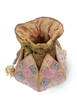 Juhi Lotus Potli bag by The Tan Clan with pearl handle, elegant traditional clutch for special occasions.