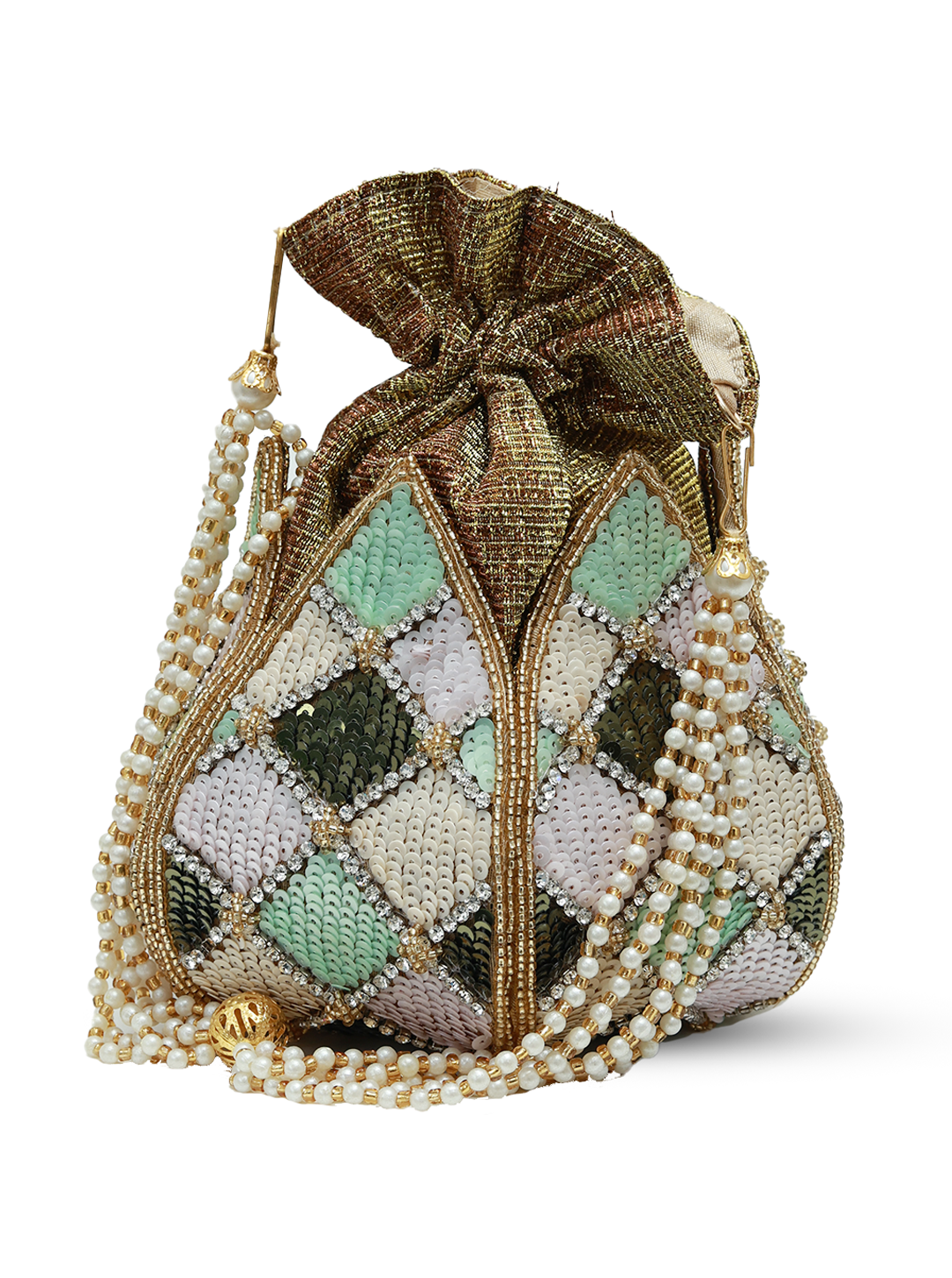 Ketki Lotus Potli bag by The Tan Clan featuring a pearl handle and intricate lotus design, perfect for traditional occasions.