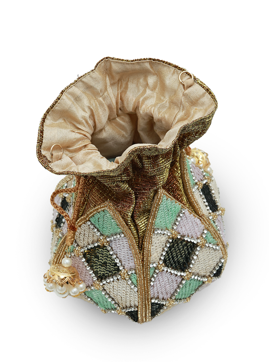 Ketki Lotus Potli bag by The Tan Clan featuring a pearl handle and intricate lotus design for elegant traditional wear.