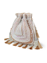 Beige tasselled Potli Bag from The Tan Clan with intricate embroidery and traditional Indian design for elegant occasions.