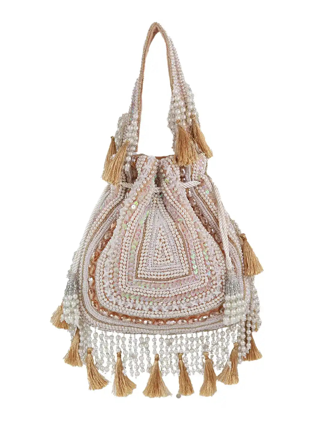 Nora beige tasselled potli bag from The Tan Clan, featuring intricate embroidery and traditional drawstring closure.