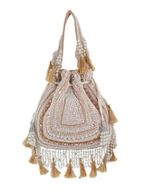 Nora beige tasselled potli bag from The Tan Clan, featuring intricate embroidery and traditional drawstring closure.