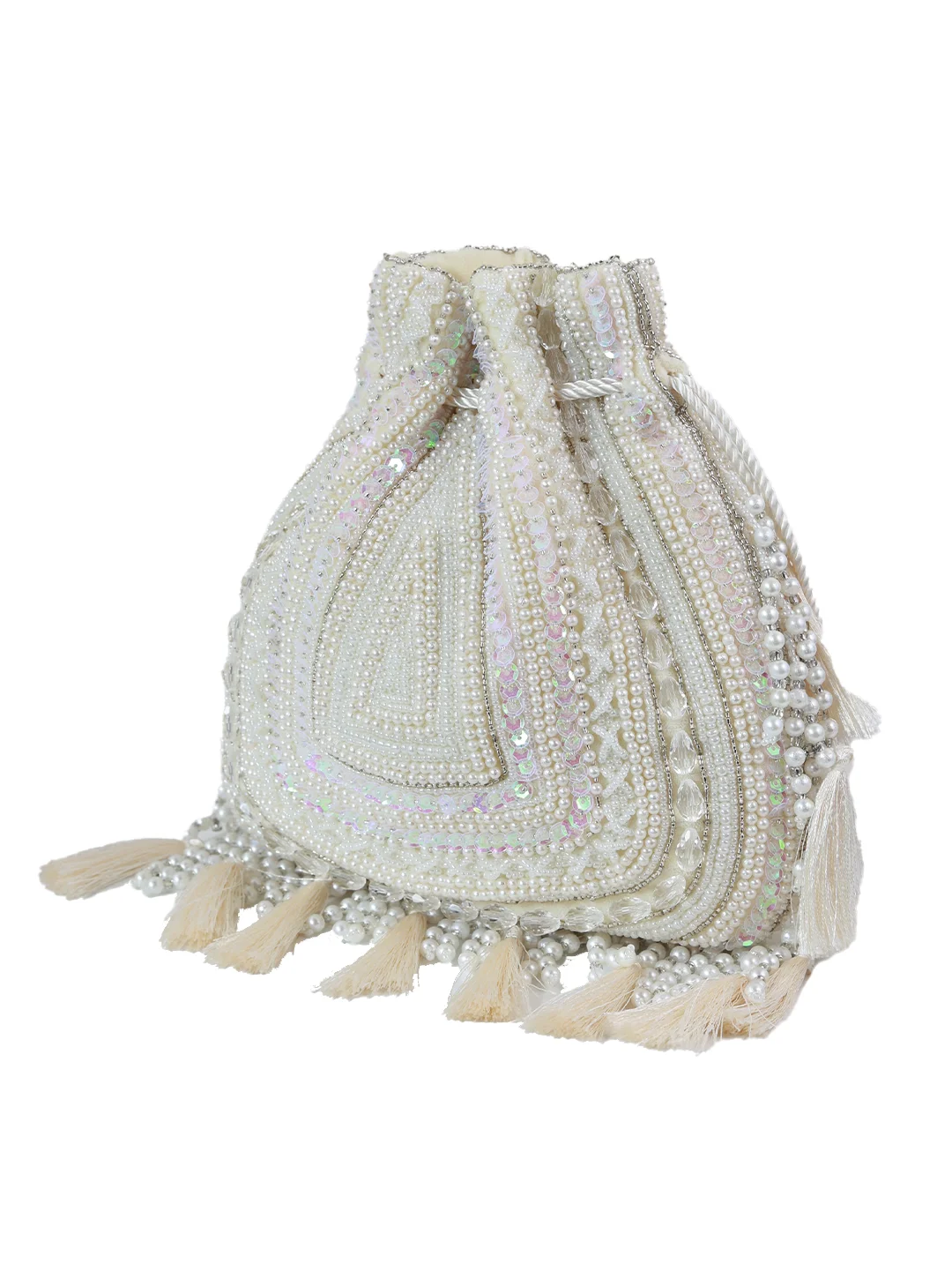 White tasselled Potli bag by The Tan Clan featuring intricate design and traditional drawstring closure.