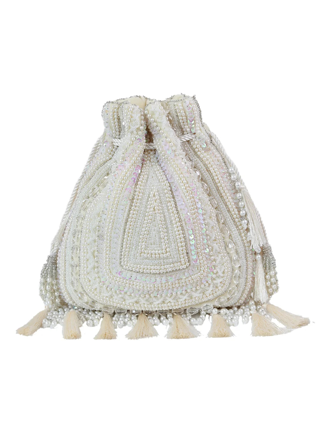 Nora white tasselled potli bag by The Tan Clan featuring traditional design with decorative tassels and elegant fabric.