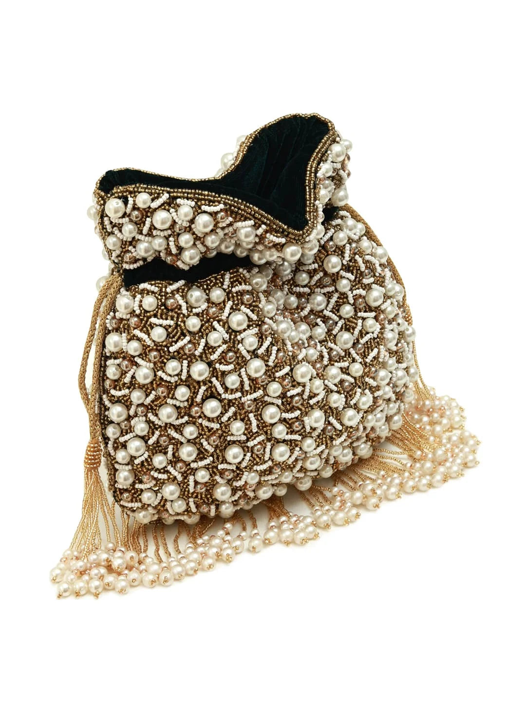 Rimsha black pearl potli bag with tassels from The Tan Clan, featuring intricate beadwork and drawstring closure.