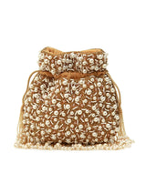 Rimsha Golden Pearl Potli Bag with tassels from The Tan Clan, featuring pearl embellishments and decorative tassels for traditional style.